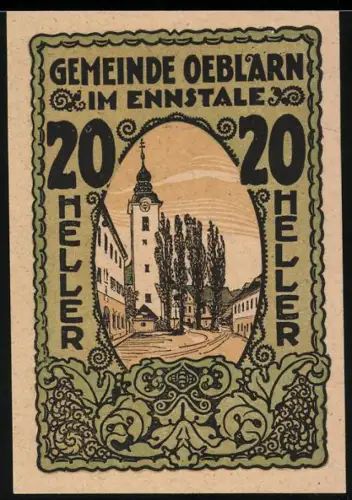 Notgeld Oeblarn im Ennstale 1920, 20 Heller, Ansicht der Kirche und umliegende Gebäude