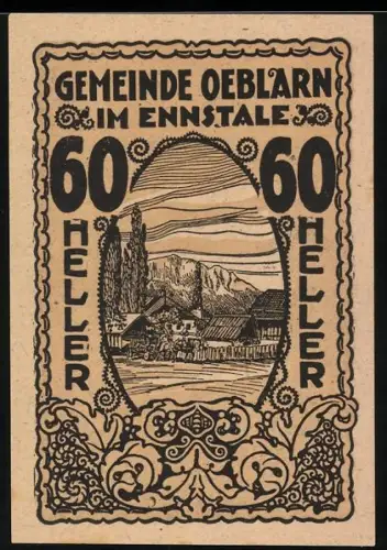 Notgeld Oeblarn im Ennstale 1920, 60 Heller, ländliche Dorfszene mit Bergen im Hintergrund