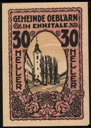 Notgeld Oeblarn im Ennstale 1920, 30 Heller, Strassenszene mit Kirche und Bäumen