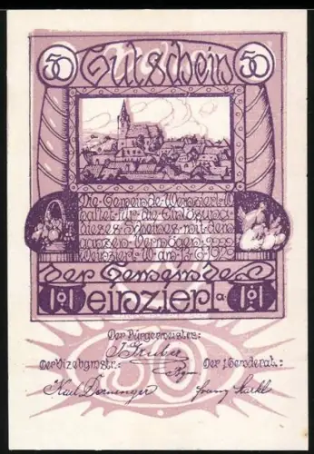 Notgeld Weinzierl, 50 Heller, Ortsansicht mit Kirche und dekorative Ornamente