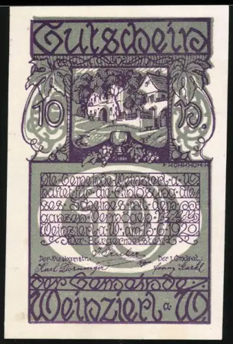 Notgeld Weinzierl 1920, 10 Heller, ländliche Szene mit Gebäuden und Bäumen