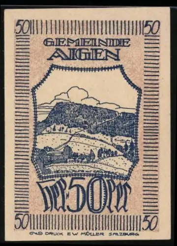 Notgeld Aigen 1920, 50 Heller, Landschaftsmotiv mit Hügel und Wolken