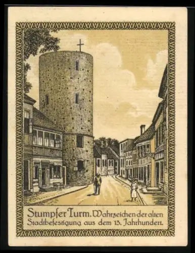 Notgeld Lenzen /Elbe 1921, 75 Pfennig, Stumpfer Turm und historisches Stadtwappen