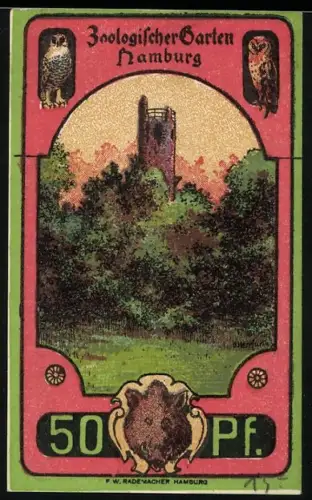 Notgeld Hamburg 1922, 50 Pf, Zoologischer Garten mit Turm und Aalweber-Motiv