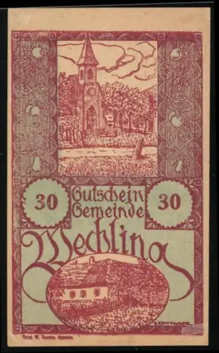 Notgeld Wechling /N.-Öst. 1920, 30 Heller, Kirche und Gebäude im ländlichen Stil