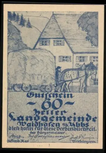 Notgeld Waidhofen a. d. Ybbs 1920, 60 Heller, Pferdewagen vor ländlichem Haus