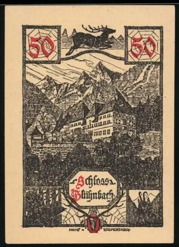 Notgeld Werfen 1920, 50 Heller, Schloss Hohenwerfen mit Hirsch und Bergpanorama