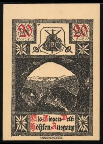 Notgeld Werfen 1920, 20 Heller, Höhlenausgang und Wappen mit Pickel und Schaufel