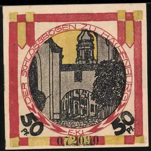 Notgeld Hachenburg 1921, 50 Pf, Schlossbogen-Motiv und Wappen