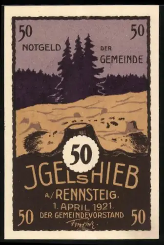 Notgeld Igelshieb a. Rennsteig 1921, 50 Pfennig, Waldlandschaft und Winterlandschaft mit Gebäude