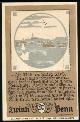 Notgeld Kellinghusen 1920, 20 Pfennig, Küstenlandschaft mit Segelschiffen und Gedicht