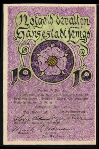 Notgeld Lemgo, 10 Pf., Rose und Hexenbürgermeisterhaus-Motiv