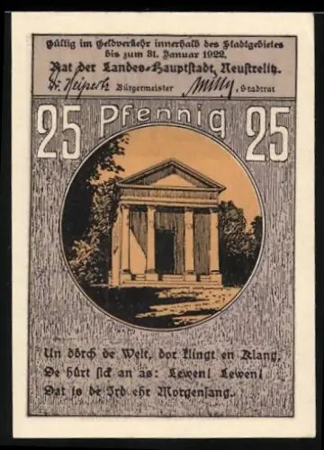 Notgeld Neustrelitz 1920, 25 Pfennig, Tempel und Gebäudeillustration