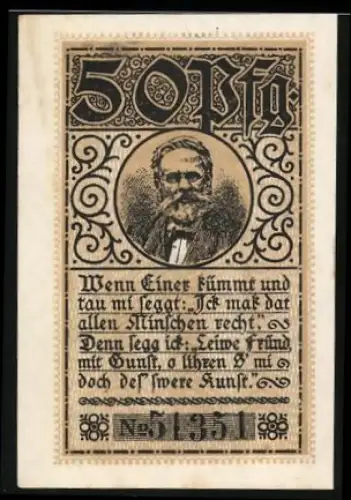 Notgeld Stavenhagen 1920, 50 Pfennig, Porträt eines bärtigen Mannes mit Spruch