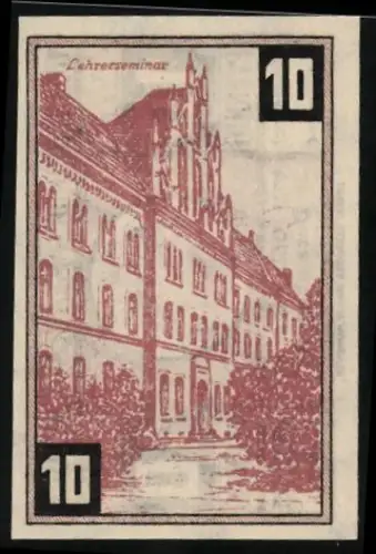 Notgeld Wunstorf 1922, 10 Pfennig, Lehrerbildungsanstalt und Stadtwappen