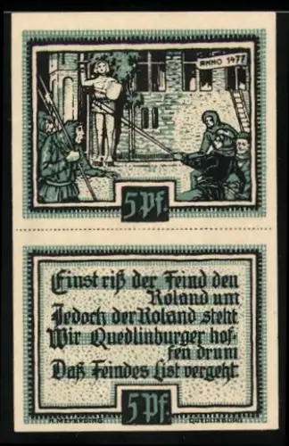 Notgeld Quedlinburg 1921, 5 Pf, Roland-Motiv mit Gedicht und dekorativem Textdesign