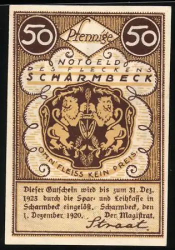 Notgeld Scharmbeck 1920, 50 Pfennig, Wappen mit Löwen und Kirche mit Pferden