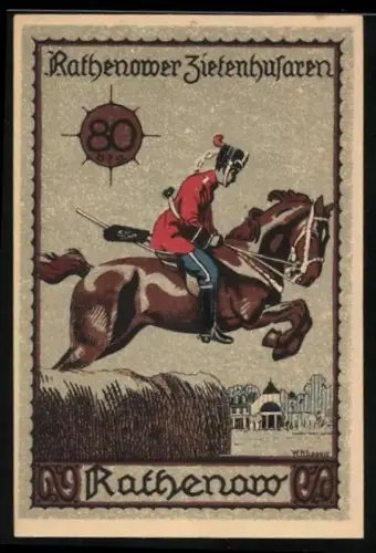 Notgeld Rathenow, 80 Pfennig, Zietenhusar auf Pferd und Kirche mit Fachwerkhäusern