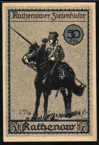 Notgeld Rathenow, 50 Pfennig, Zietenhusar auf Pferd und Ortsansicht mit Kirche