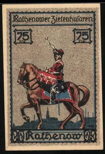 Notgeld Rathenow, 75 Pfennig, Reiter in Uniform und Kirche mit Ortsansicht