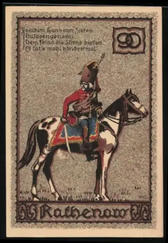 Notgeld Rathenow, 90 Pfennig, Husar auf Pferd und Ortsansicht mit Kirche