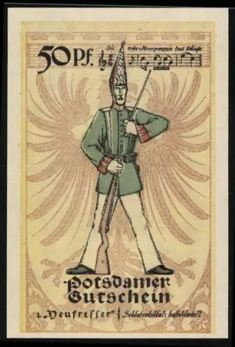 Notgeld Potsdam 1921, 50 Pfennig, Soldat mit Gewehr und Notenblatt, Wappen