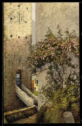 AK Gandria /Lago di Lugano, Scorcio con torre e fiori rosa