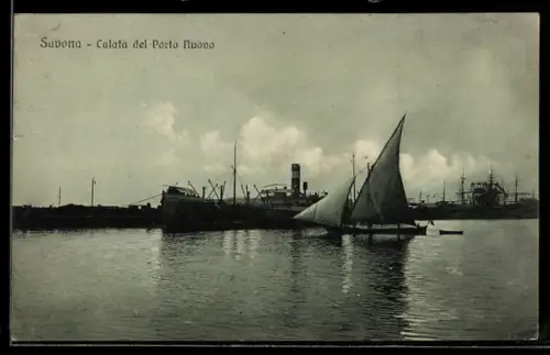 AK Savona, Calata del Porto Nuovo con barche a vela e navi a vapore