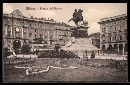 AK Milano, Piazza del Duomo con monumento e giardini fioriti