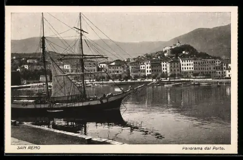 AK San Remo, Panorama dal porto con veliero