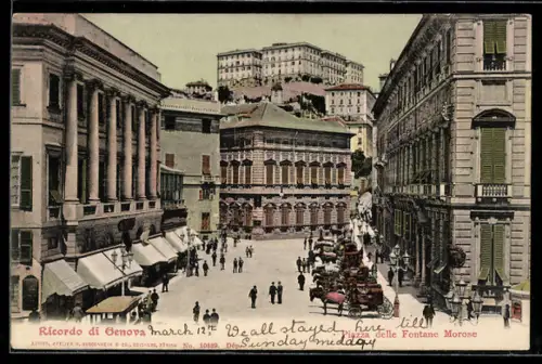 AK Genova, Piazza delle Fontane Morose con carrozze e pedoni