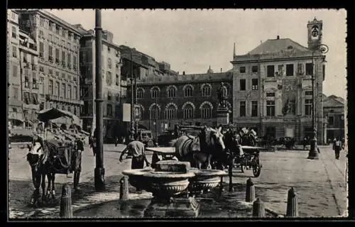 AK Genova, Piazza Caricamento, Palazzo S. Giorgio con carri trainati da cavalli