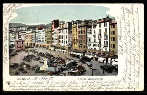 AK Genova, Piazza Caricamento con carri e edifici storici