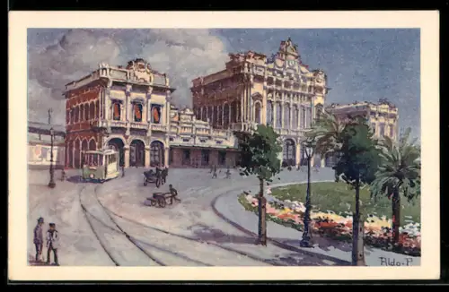 AK Genova, Stazione Brignole con tram storico e giardino fiorito