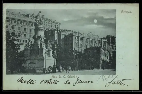 Mondschein-AK Genova, Monumento a Cristoforo Colombo sotto la luna
