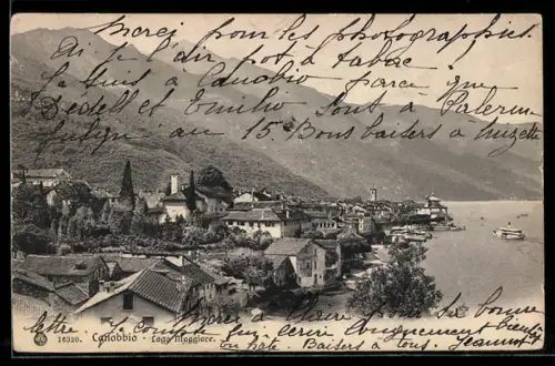 AK Cannobio /Lago Maggiore, Vista del paese e del lago con barca a vapore