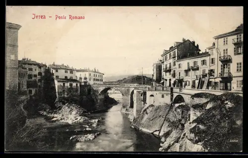 AK Ivrea, Ponte Romano e vista del fiume con edifici storici lungo le rive