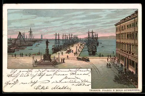 Lithographie Trieste, Piazza e Molo Giuseppina mit Schiffen und Spaziergängern