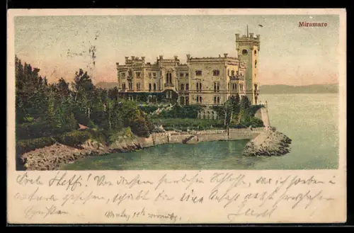 AK Miramare, Veduta del castello sul mare e giardini circostanti
