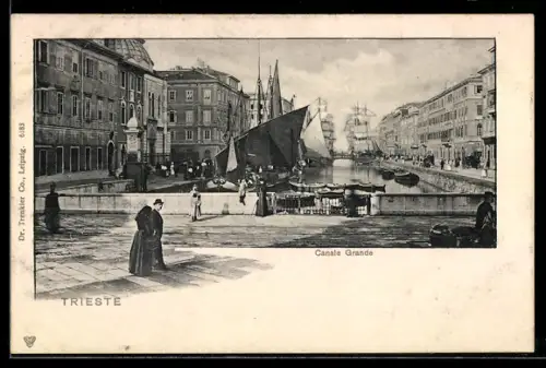 AK Trieste, Canale Grande con barche e persone sul ponte