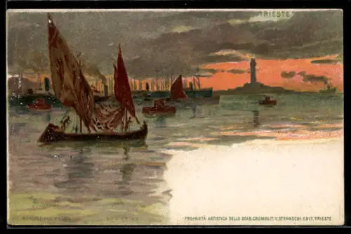 AK Trieste, Barche a vela al tramonto con faro sullo sfondo