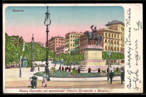 AK Genova, Piazza Corvetto coi monumenti Vittorio Emanuele e Mazzini
