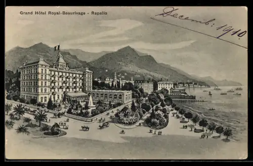 AK Rapallo, Grand Hôtel Royal-Beaurivage e vista sulla costa con montagne e barche