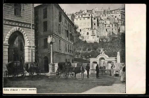 AK San Remo, Scena cittadina con carrozze e fontana nella piazza centrale