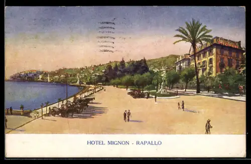 AK Rapallo, Vista sul lungomare con Hotel Mignon e palme