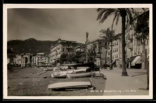 AK S. Margherita Ligure, Via Sella con barche sulla spiaggia e palme lungo il viale