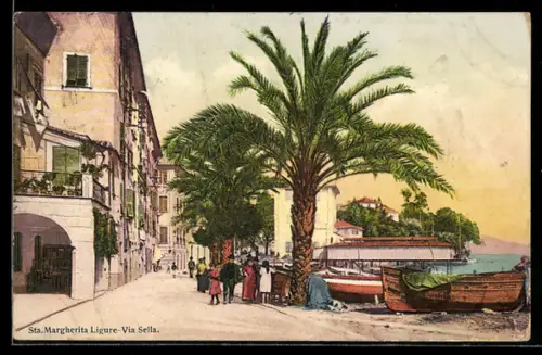 AK Santa Margherita Ligure, Via Sella con palme e barche sul lungomare