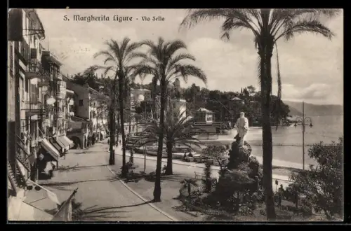 AK S. Margherita Ligure, Via Sella con palme e vista sulla spiaggia