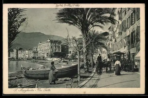 AK Santa Margherita Ligure, Via Setta con carrozza e palme lungo la costa