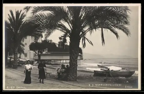 AK S. Margherita Ligure, Passeggiata con palme e barche sulla spiaggia